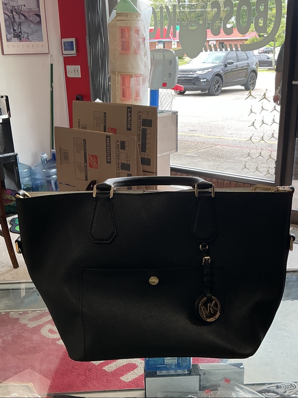 Michael Kors Black Saffiano-Style Tote with Front Pocket and Charm